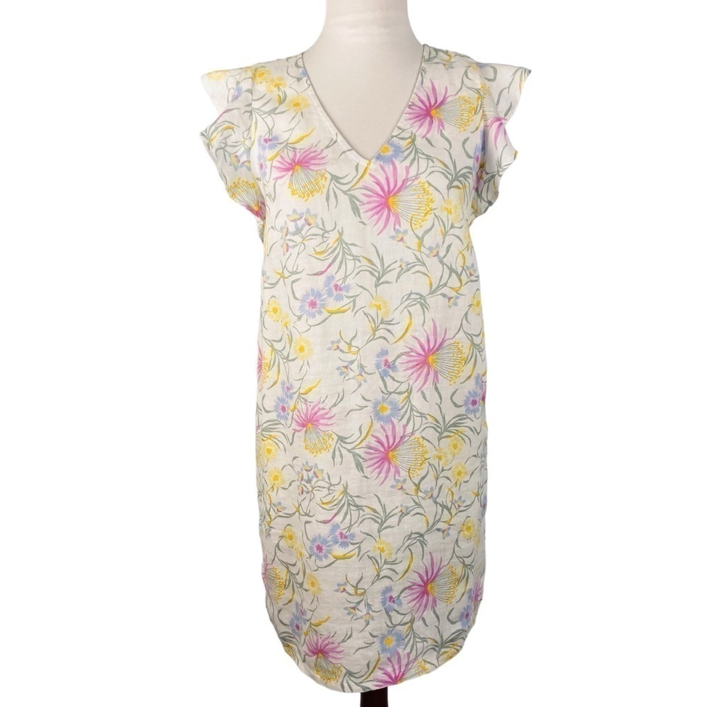 Joie Floral 100% Linen Ruffle Cap Sleeve V-Neck Dress Sz X Small - Picture 1 of 8
